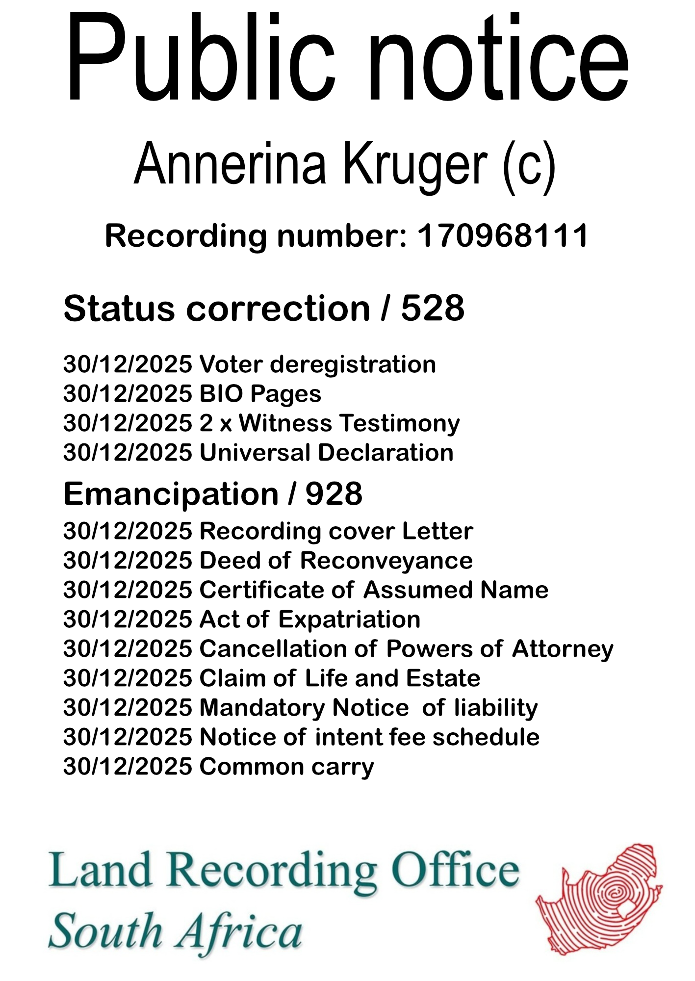Public notice Annerina Kruger Recording number 170968111